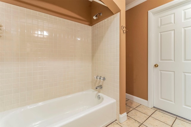 bathroom with crown molding, tile patterned flooring, and tub / shower combination