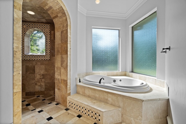 bathroom with crown molding, tile flooring, and plus walk in shower