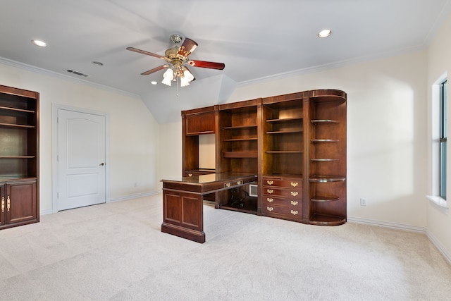 unfurnished office with ceiling fan, light carpet, and crown molding