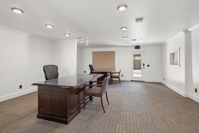 office space featuring ornamental molding and dark colored carpet