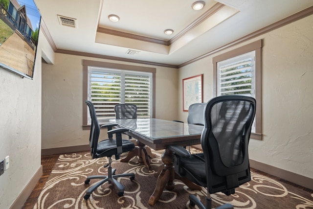 office space featuring ornamental molding, a raised ceiling, and dark hardwood / wood-style floors