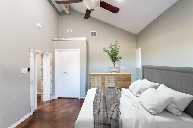 bedroom with high vaulted ceiling, a closet, beam ceiling, and ceiling fan