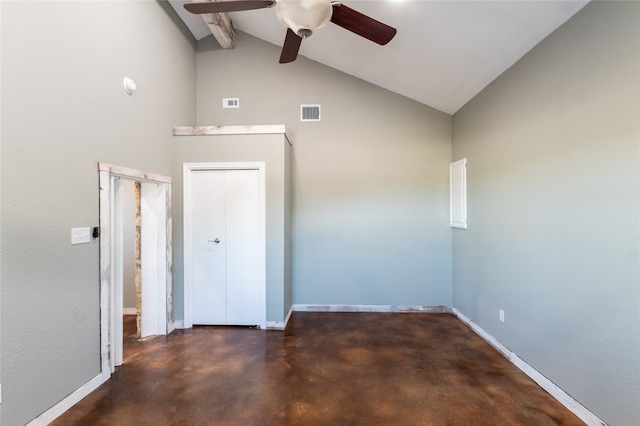 spare room featuring high vaulted ceiling, ceiling fan, and beamed ceiling