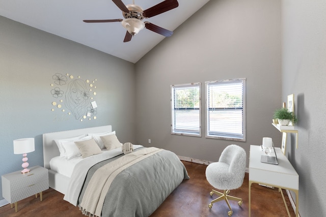 bedroom featuring ceiling fan and high vaulted ceiling