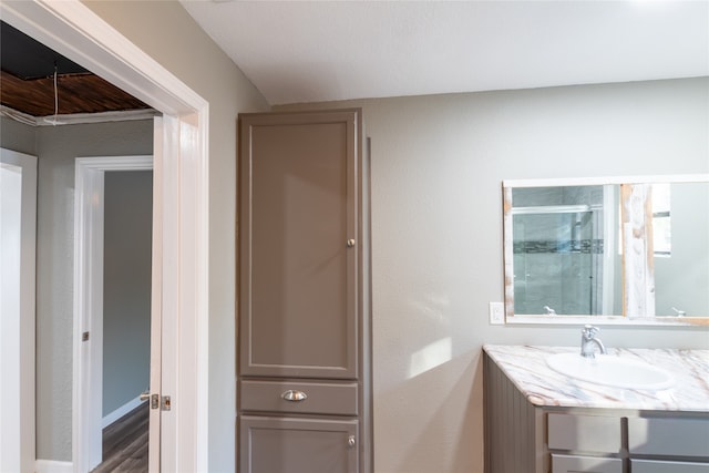 bathroom featuring vanity, a shower with shower door, and hardwood / wood-style floors