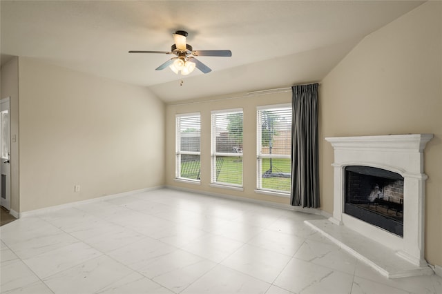 unfurnished living room featuring light tile flooring, ceiling fan, and vaulted ceiling