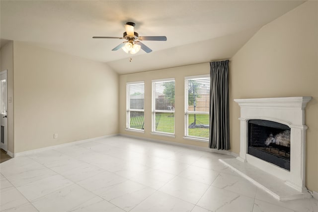 unfurnished living room featuring ceiling fan, lofted ceiling, and light tile floors