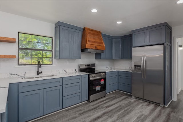 kitchen featuring appliances with stainless steel finishes, custom range hood, sink, hardwood / wood-style flooring, and tasteful backsplash