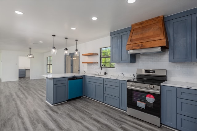 kitchen featuring light wood-type flooring, kitchen peninsula, appliances with stainless steel finishes, custom range hood, and sink