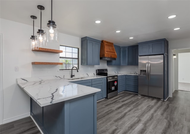 kitchen featuring kitchen peninsula, premium range hood, stainless steel appliances, wood-type flooring, and sink