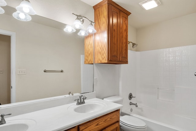 full bathroom featuring dual sinks, tub / shower combination, toilet, and oversized vanity