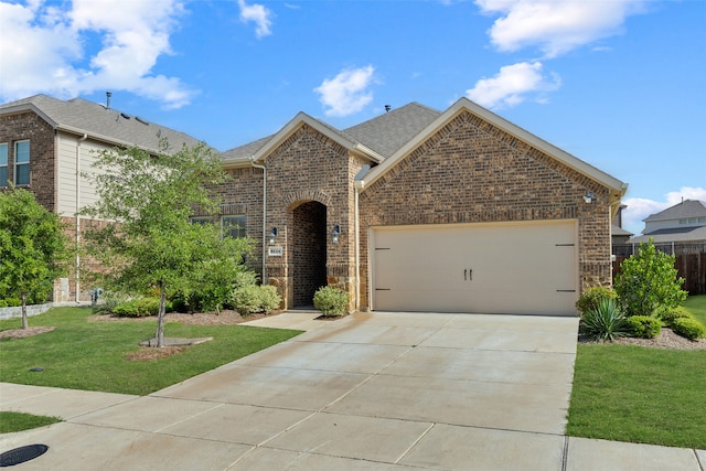 view of front of home with a front lawn and a garage