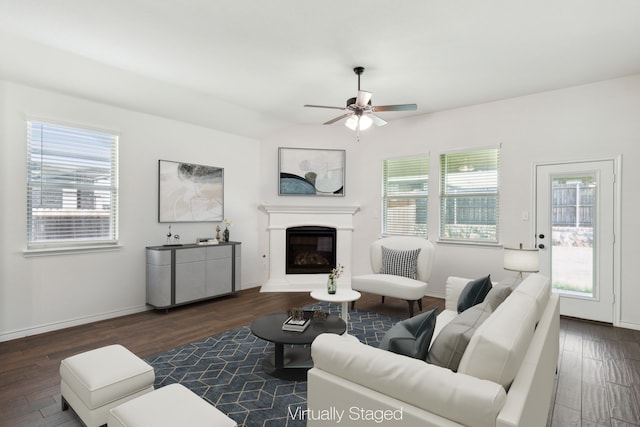 living room featuring ceiling fan and dark hardwood / wood-style floors