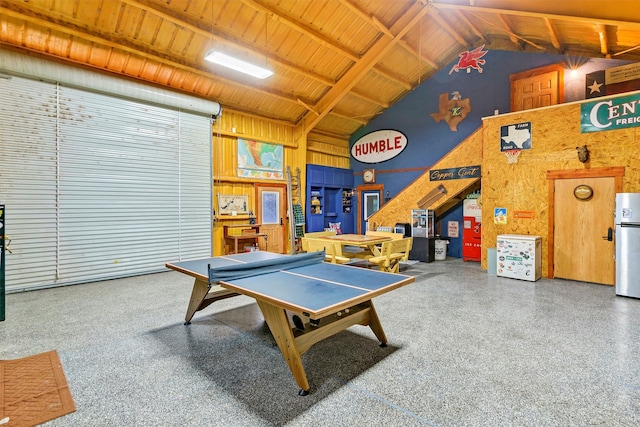 rec room with wood ceiling and high vaulted ceiling