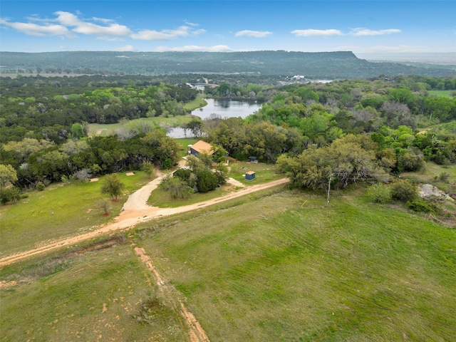 aerial view featuring a water and mountain view