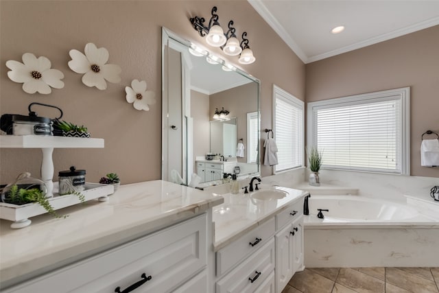 bathroom with crown molding, tile flooring, large vanity, and a tub