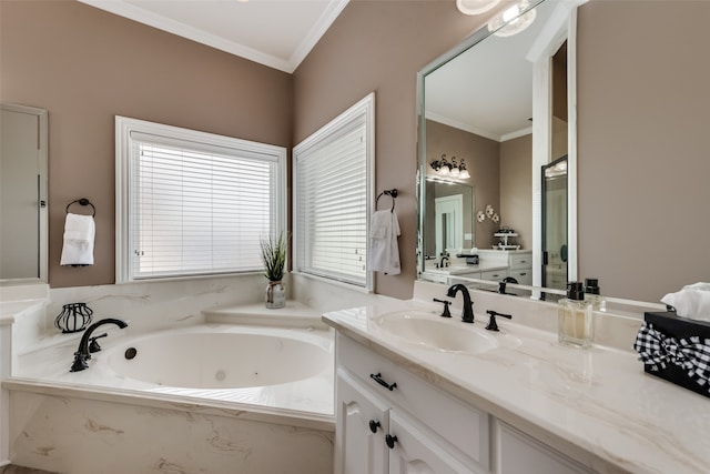 bathroom featuring crown molding, oversized vanity, and a bathing tub