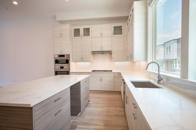 kitchen featuring tasteful backsplash, light hardwood / wood-style flooring, stainless steel appliances, sink, and a center island