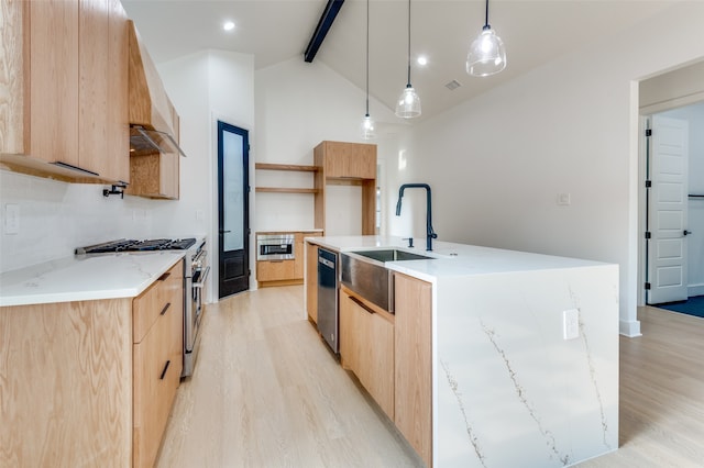 kitchen featuring appliances with stainless steel finishes, an island with sink, vaulted ceiling with beams, light hardwood / wood-style flooring, and custom range hood