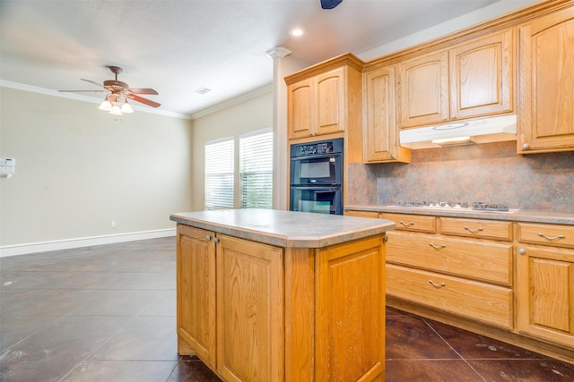 kitchen featuring white gas stovetop, dark tile patterned flooring, black double oven, decorative backsplash, and ornamental molding