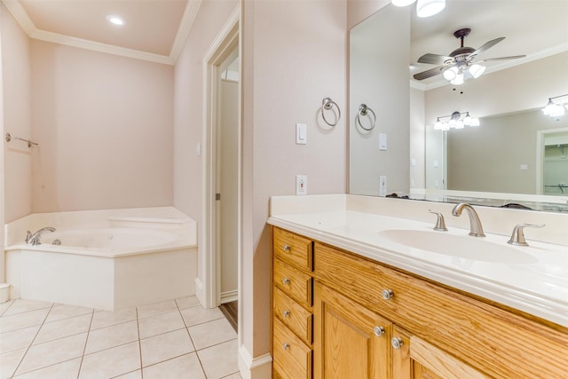 bathroom featuring vanity, a bath, tile patterned floors, crown molding, and ceiling fan