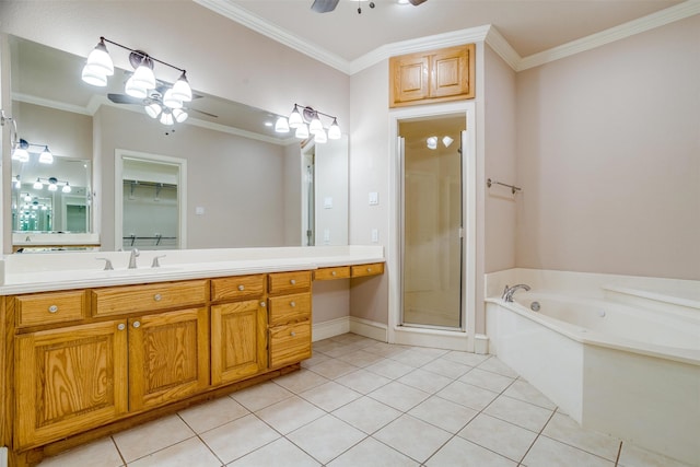 bathroom with ceiling fan, tile patterned flooring, vanity, independent shower and bath, and ornamental molding