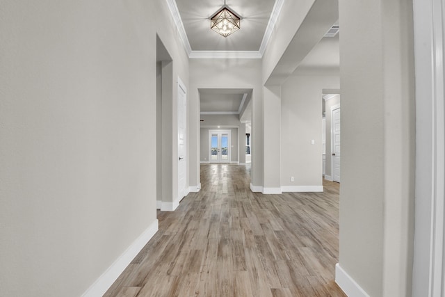 4201 Old Springtown Rd, Weatherford, TX 76085 - hall featuring ornamental molding, light wood-style flooring, and baseboards