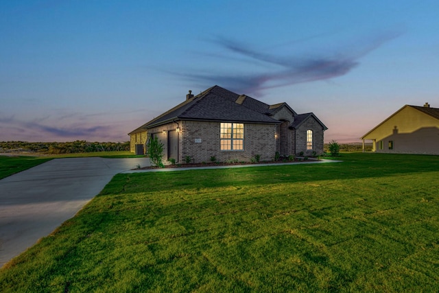 4201 Old Springtown Rd, Weatherford, TX 76085 - french country inspired facade featuring brick siding, a front lawn, driveway, a chimney, and roof with shingles
