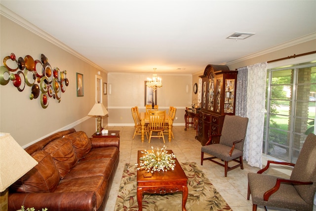 tiled living room with crown molding and a notable chandelier