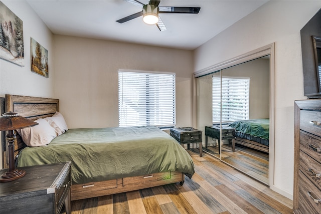 bedroom with light hardwood / wood-style floors, multiple windows, ceiling fan, and a closet