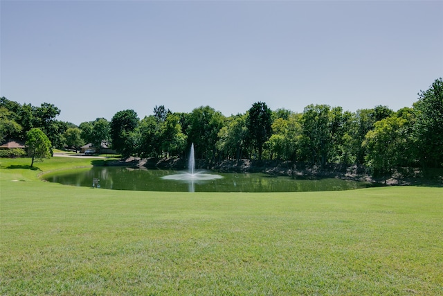 view of community featuring a water view and a yard