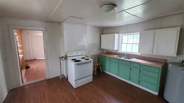 kitchen with white cabinets, electric range, dark hardwood / wood-style floors, and sink