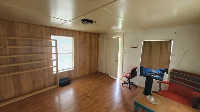 interior space featuring wooden walls and wood-type flooring