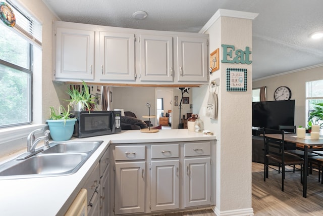 kitchen featuring sink, a textured ceiling, white cabinetry, gray cabinetry, and light wood-type flooring