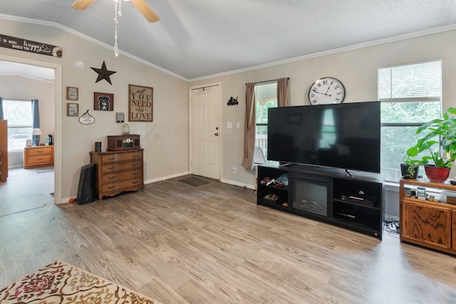 living room with crown molding, wood-type flooring, and ceiling fan