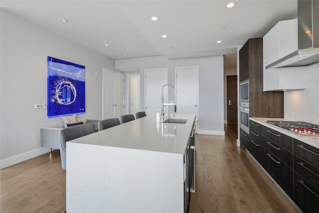 kitchen with wall chimney exhaust hood, sink, appliances with stainless steel finishes, and wood-type flooring