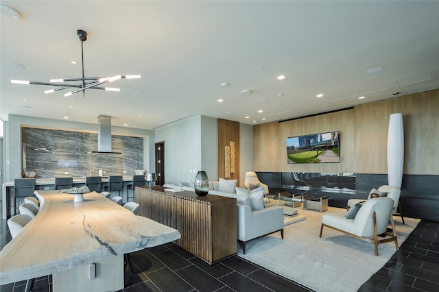 living room with an inviting chandelier