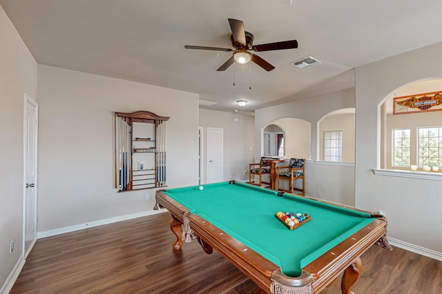 recreation room featuring wood-type flooring, billiards, and ceiling fan