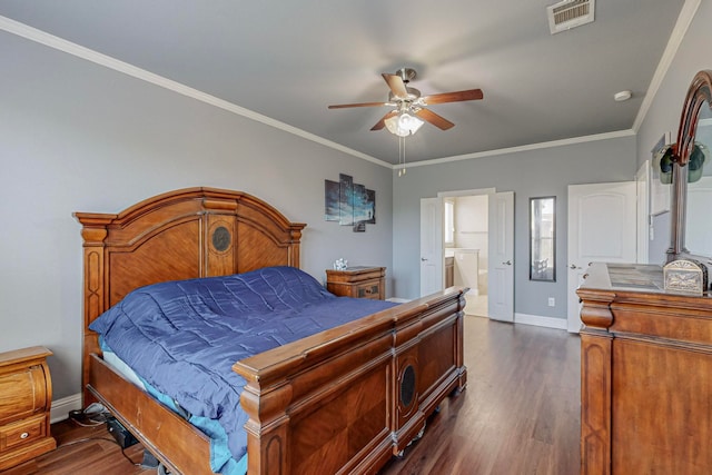 bedroom with dark hardwood / wood-style floors, crown molding, ensuite bath, and ceiling fan