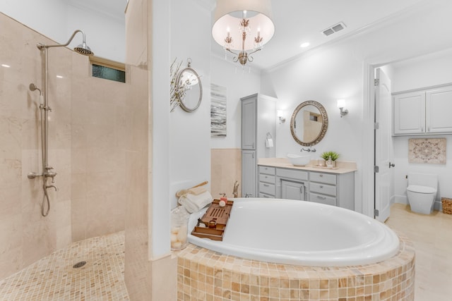 bathroom with a notable chandelier, shower with separate bathtub, crown molding, tile floors, and vanity