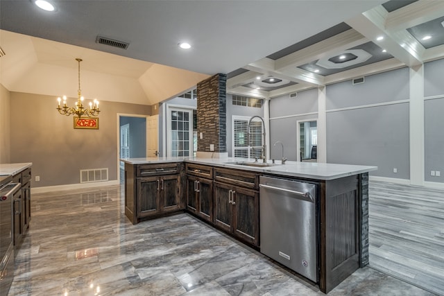 kitchen featuring coffered ceiling, hanging light fixtures, hardwood / wood-style floors, beam ceiling, and stainless steel dishwasher