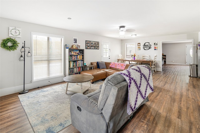 living room with ceiling fan and hardwood / wood-style flooring