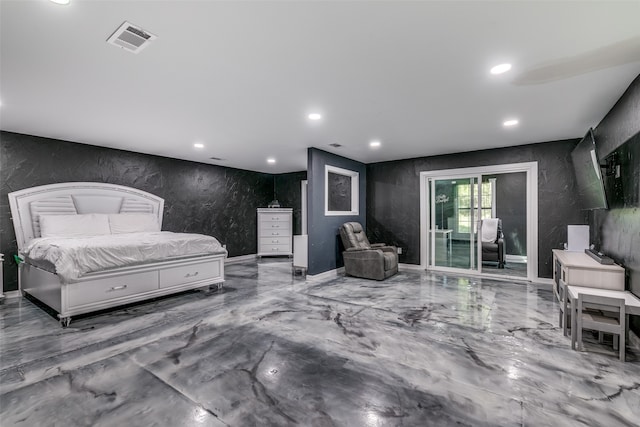 bedroom with recessed lighting, marble finish floor, visible vents, and access to outside