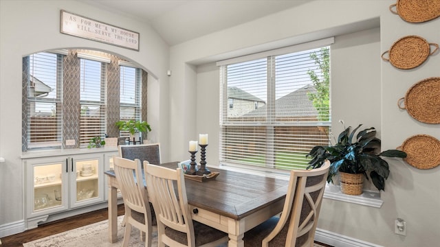 dining space featuring hardwood / wood-style floors, vaulted ceiling, and a wealth of natural light