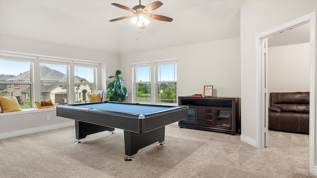 recreation room with light carpet, vaulted ceiling, ceiling fan, and billiards