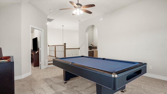 playroom featuring ceiling fan, light colored carpet, and pool table