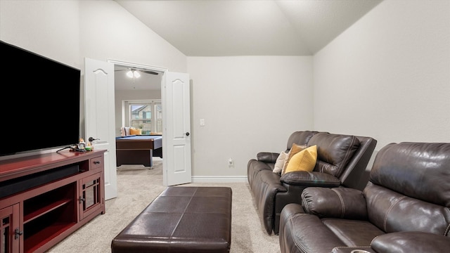 carpeted living room with ceiling fan, lofted ceiling, and billiards