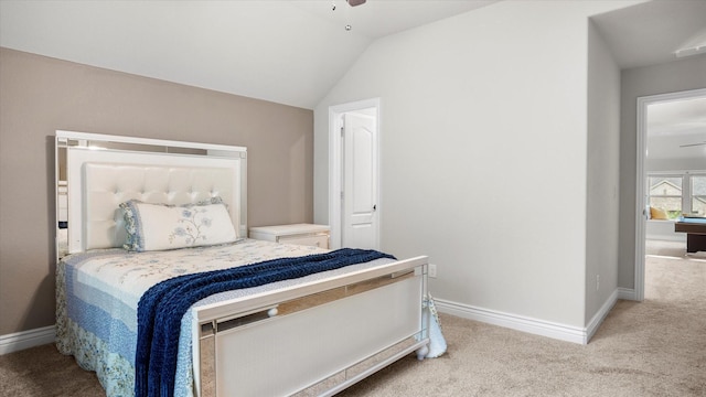 carpeted bedroom with ceiling fan, lofted ceiling, and billiards