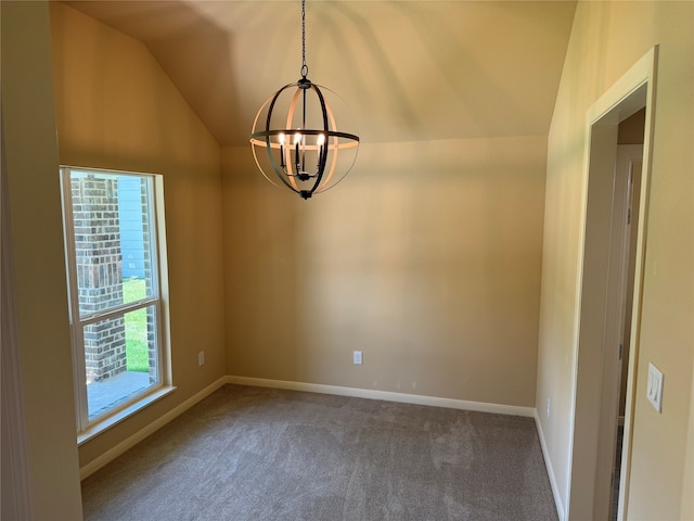 unfurnished room featuring carpet, vaulted ceiling, and an inviting chandelier