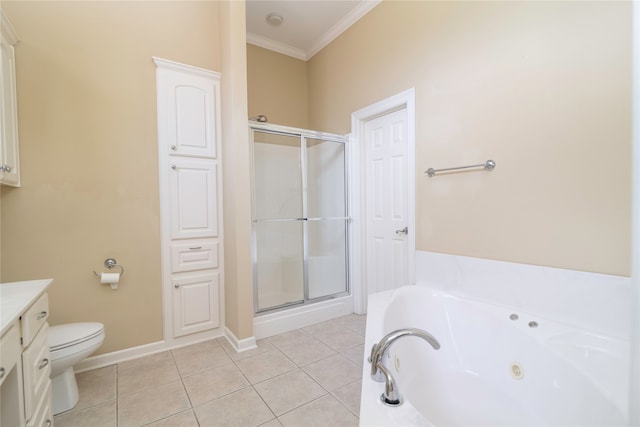 full bathroom with tile patterned flooring, vanity, plus walk in shower, crown molding, and toilet